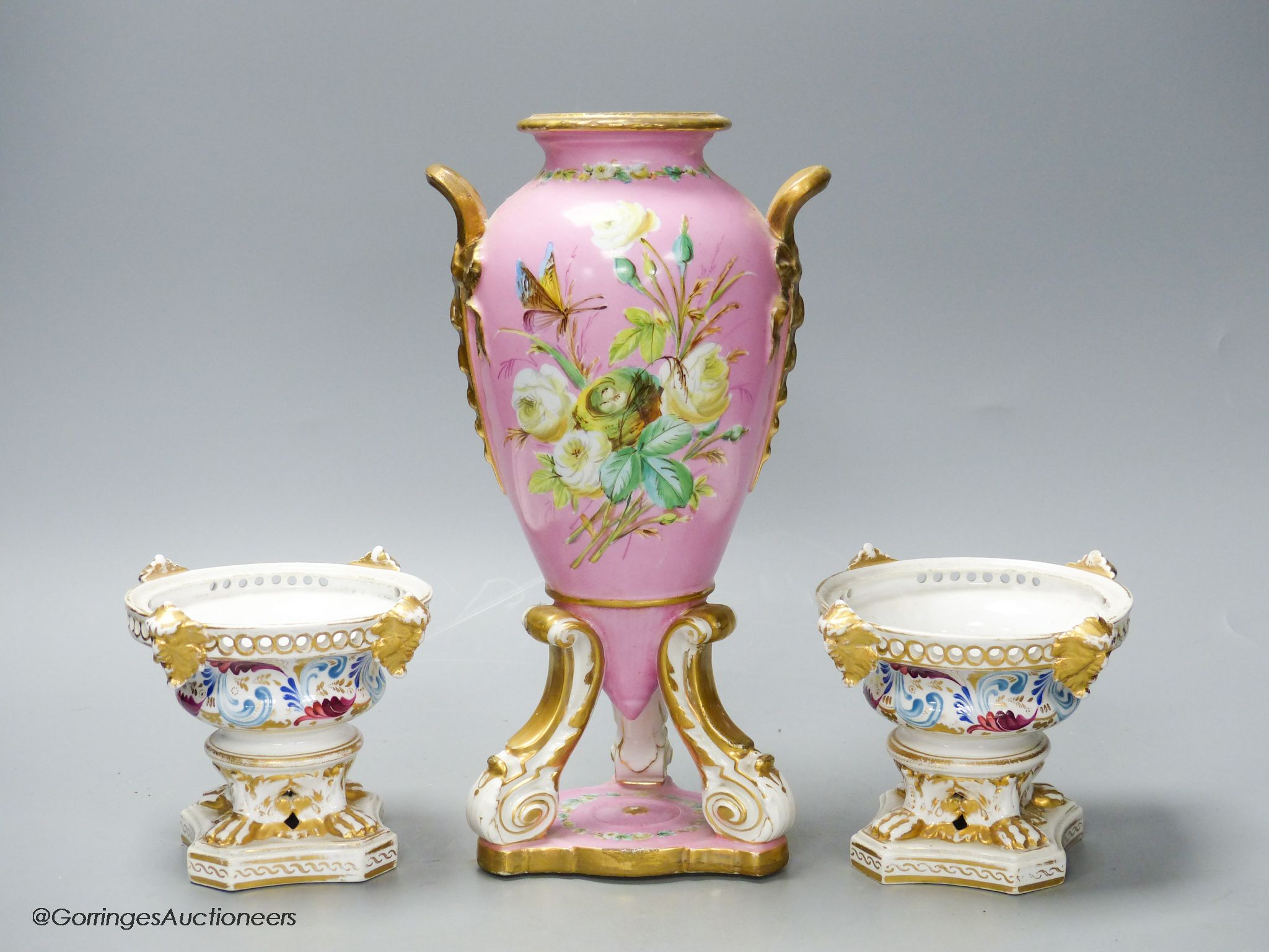 A pair of 19th century Derby pot pourri vases and a Paris porcelain pink ground vase